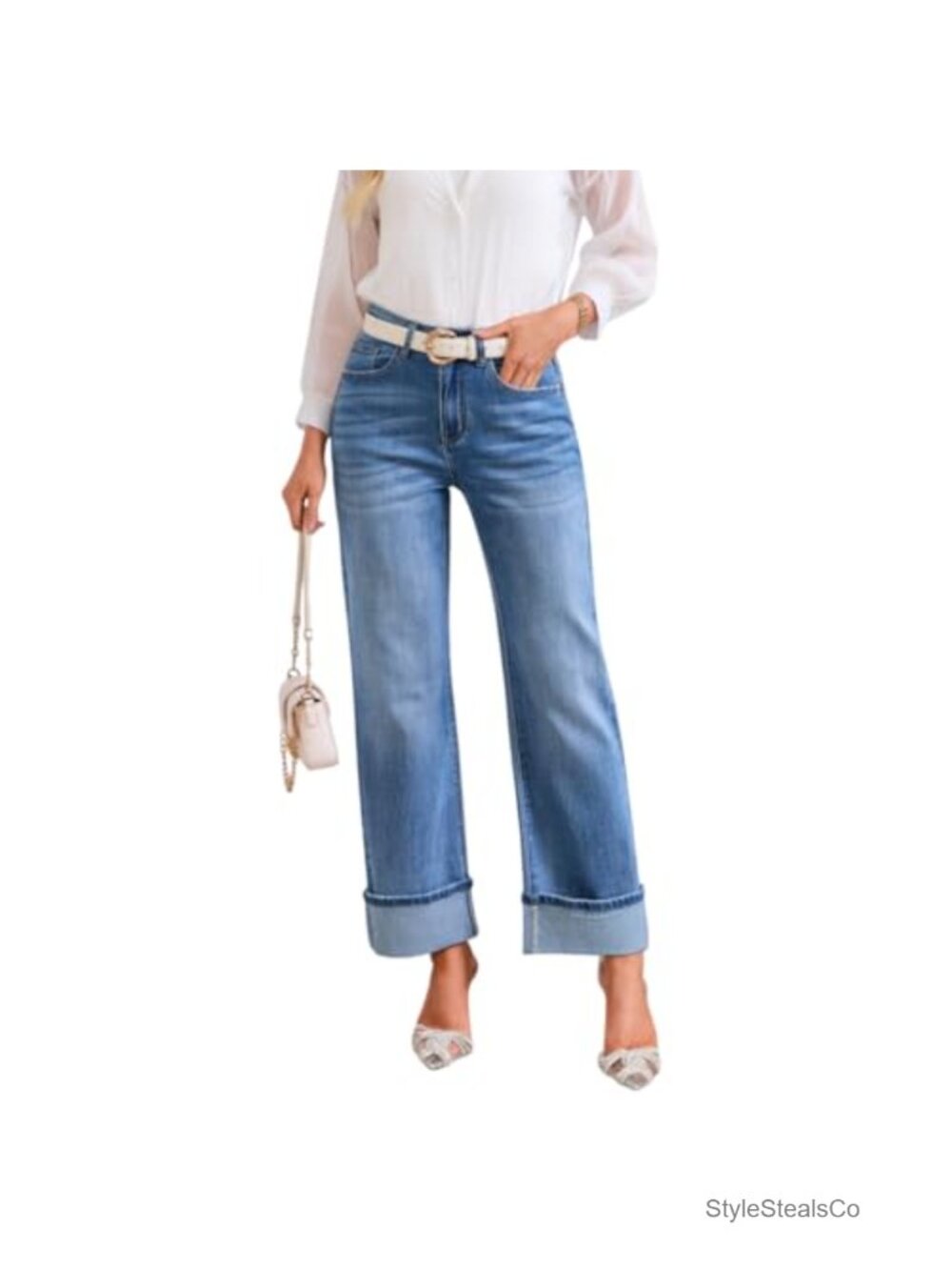 Wide Leg Jeans High Waisted Stretchy Cuffed